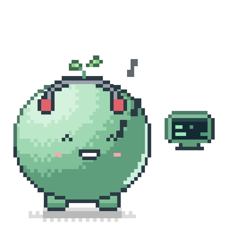 Zerre, a small mint-green pixel creature with a sprout on its head, wearing headphones and holding a tiny terminal